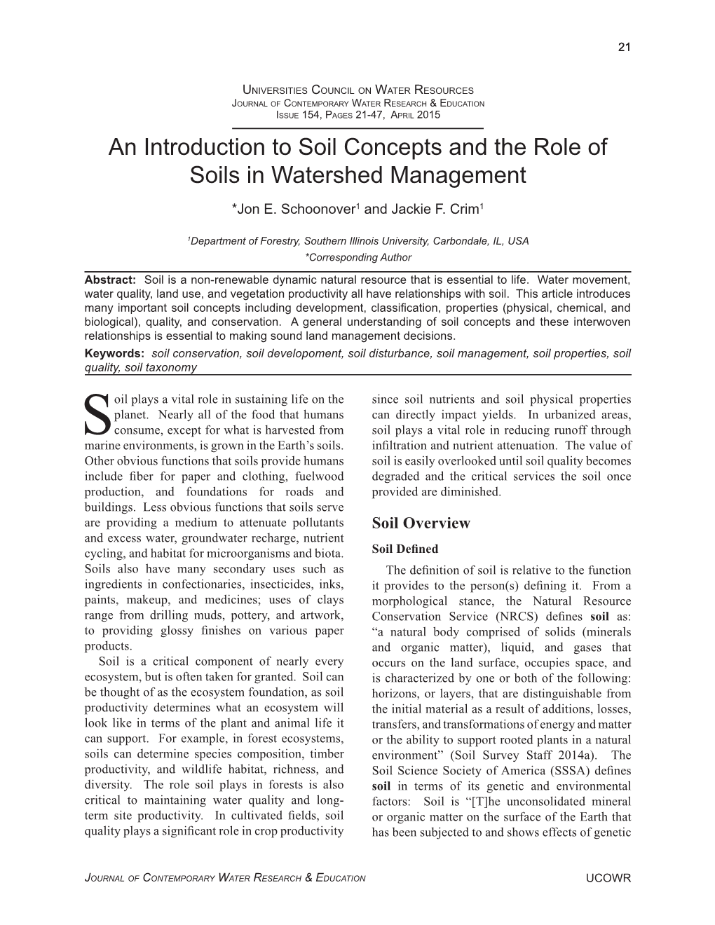 An Introduction to Soil Concepts and the Role of Soils in Watershed Management