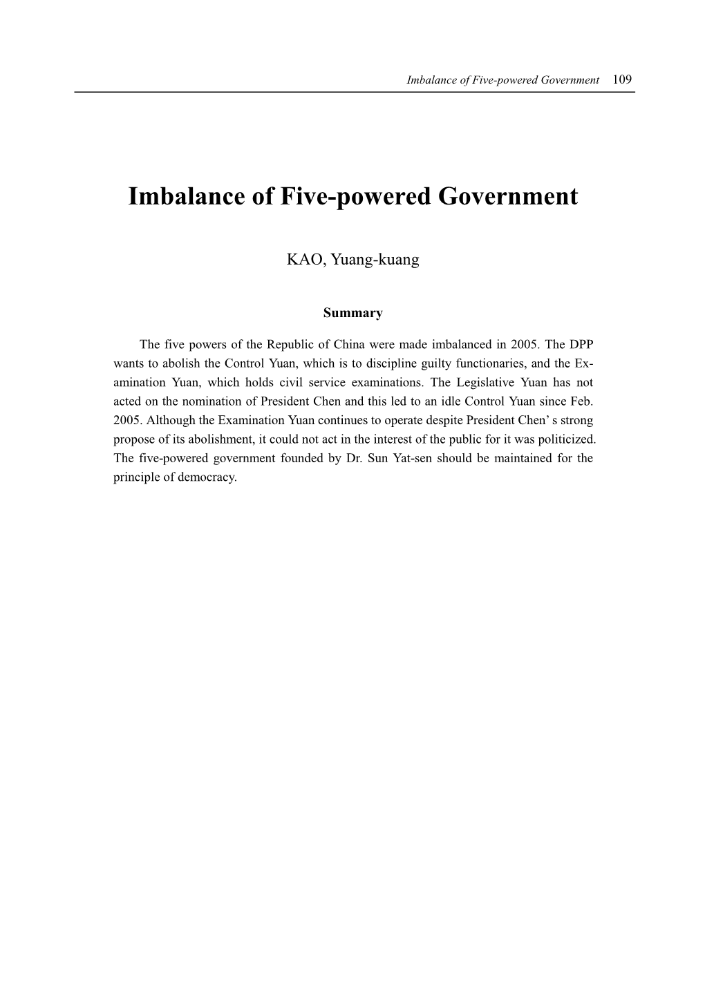 Imbalance of Five-Powered Government 109