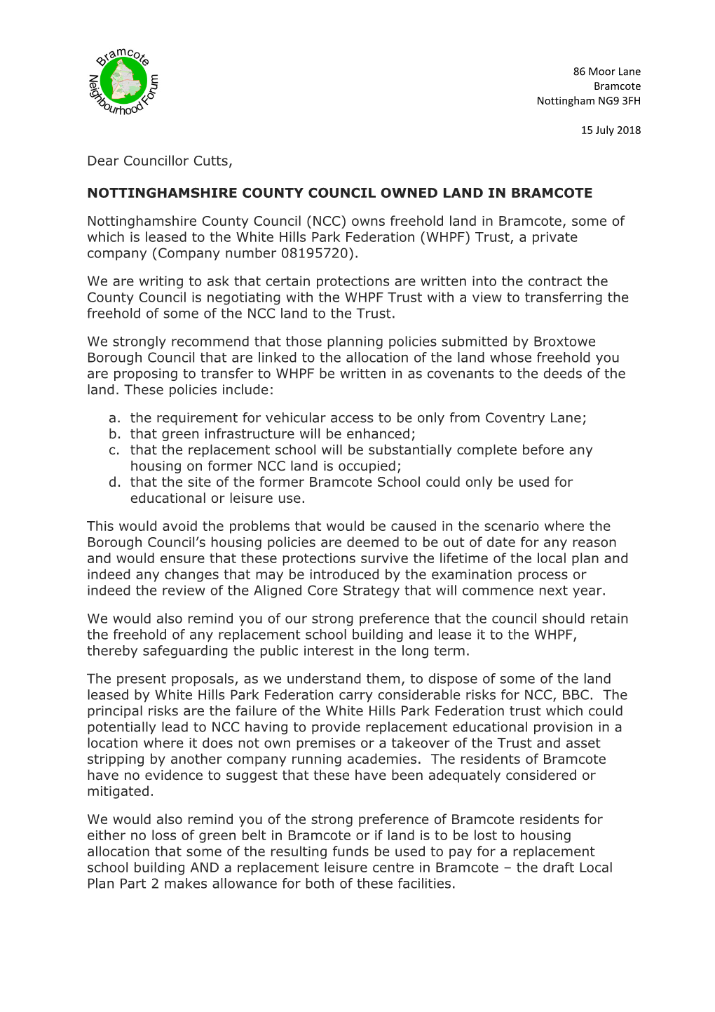 NCC) Owns Freehold Land in Bramcote, Some of Which Is Leased to the White Hills Park Federation (WHPF) Trust, a Private Company (Company Number 08195720)