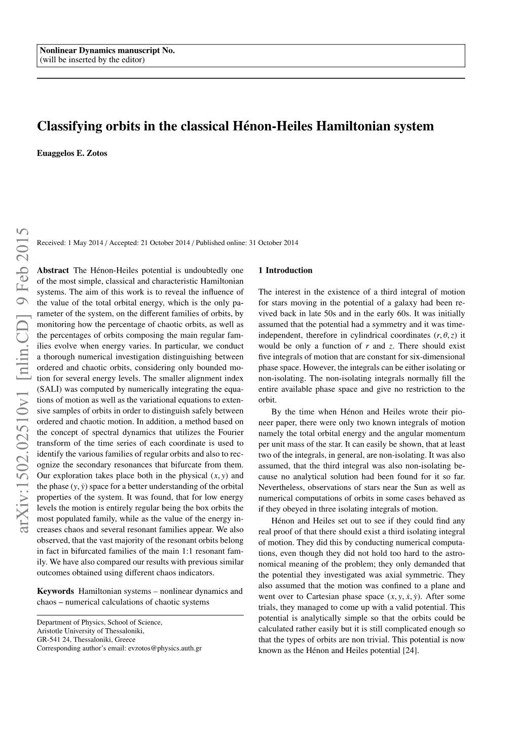 Classifying Orbits in the Classical Henon-Heiles Hamiltonian System