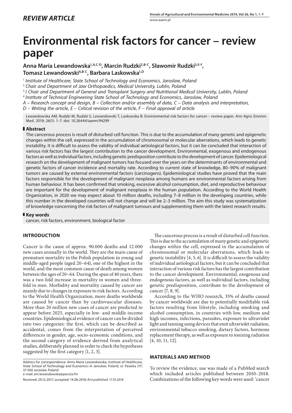 Environmental Risk Factors for Cancer