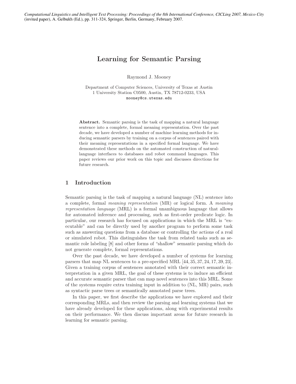 Learning for Semantic Parsing