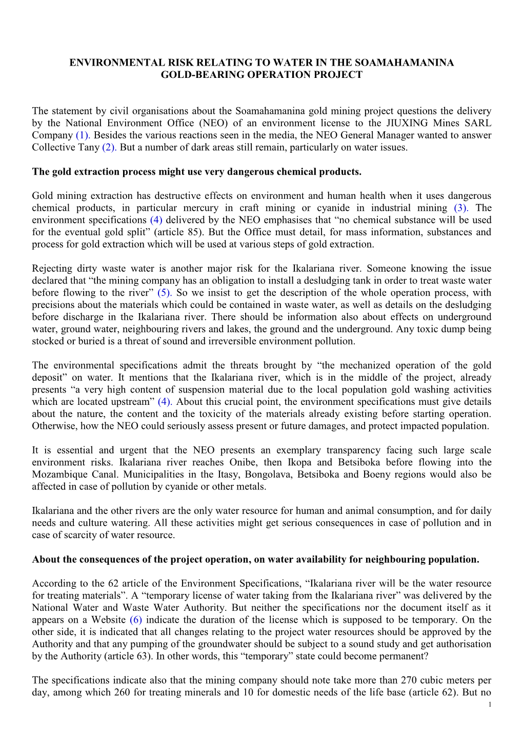 Environmental Risk Relating to Water in the Soamahamanina Gold-Bearing Operation Project