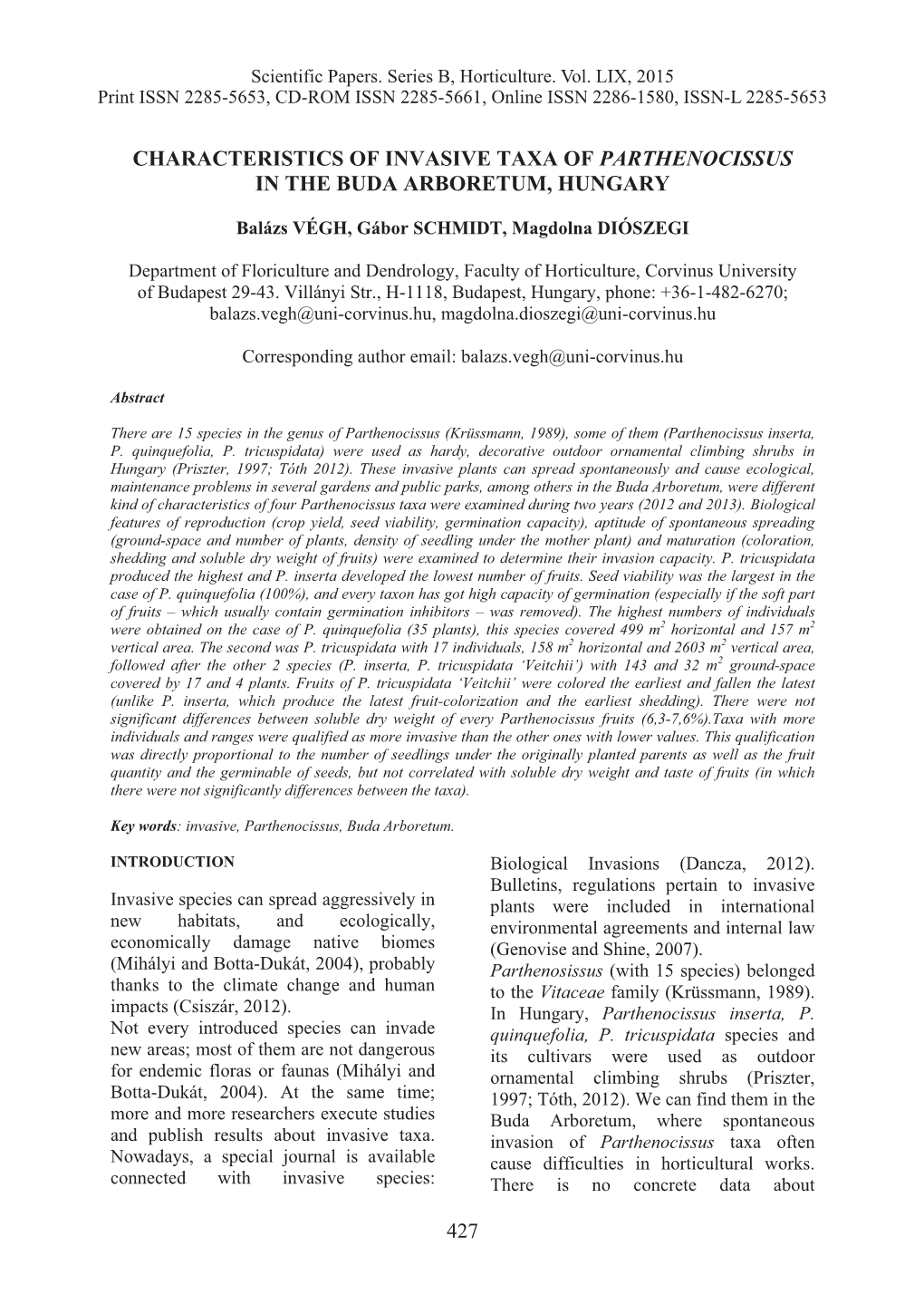 Characteristics of Invasive Taxa of Parthenocissus in the Buda Arboretum, Hungary