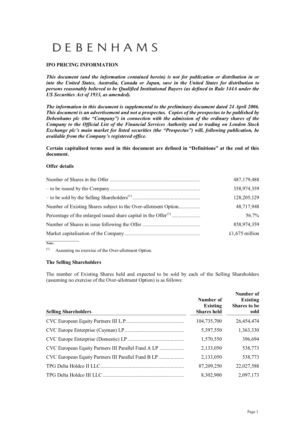 IPO PRICING INFORMATION This Document (And the Information