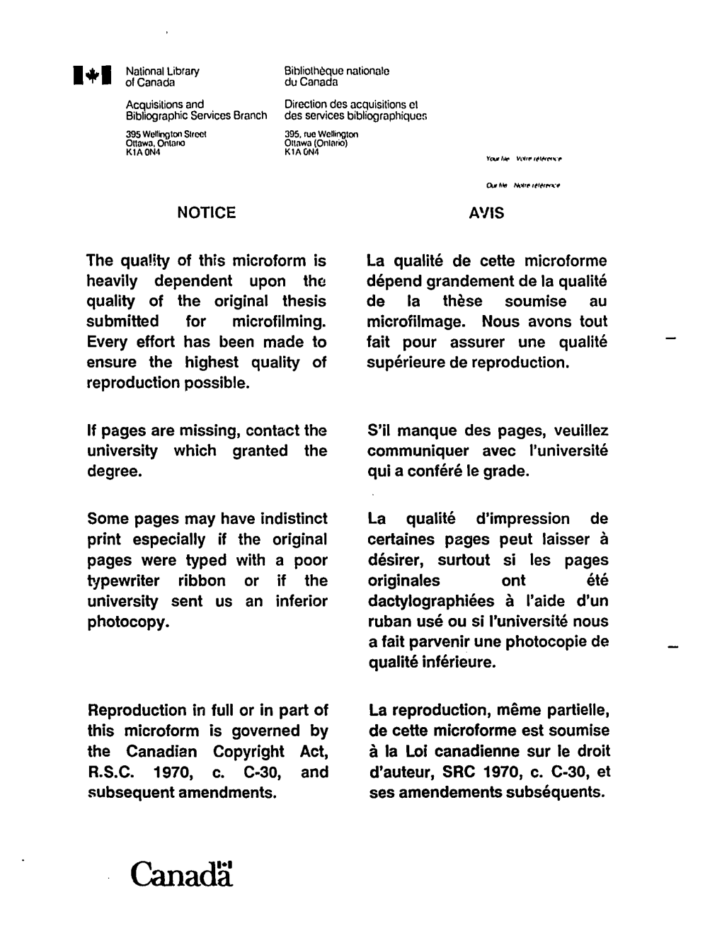 Canada Du Canada Acquisitions and Direclion Des Acquisitions Et Bibliographie Services Branch Des Services Bibliographiquen 395 Wcl1inglon Strcct 395