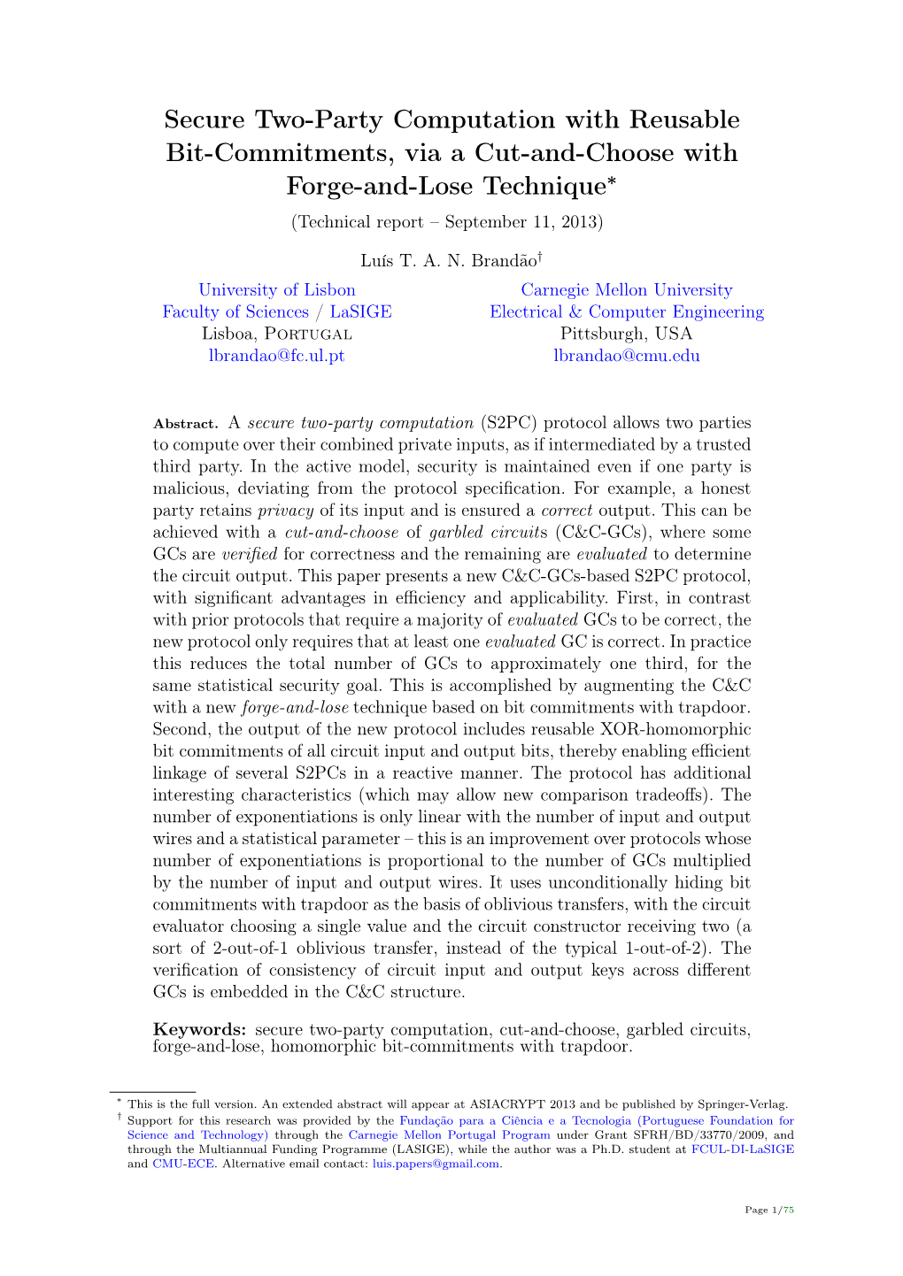 Secure Two-Party Computation with Reusable Bit-Commitments, Via a Cut-And-Choose with Forge-And-Lose Technique∗ (Technical Report – September 11, 2013)