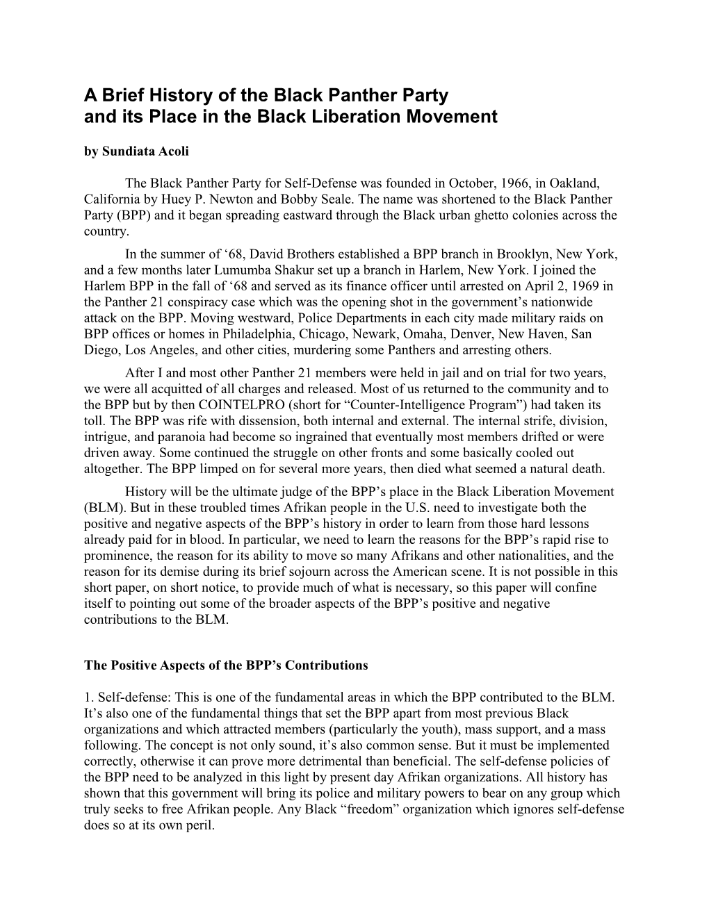 A Brief History of the Black Panther Party and Its Place in the Black Liberation Movement by Sundiata Acoli
