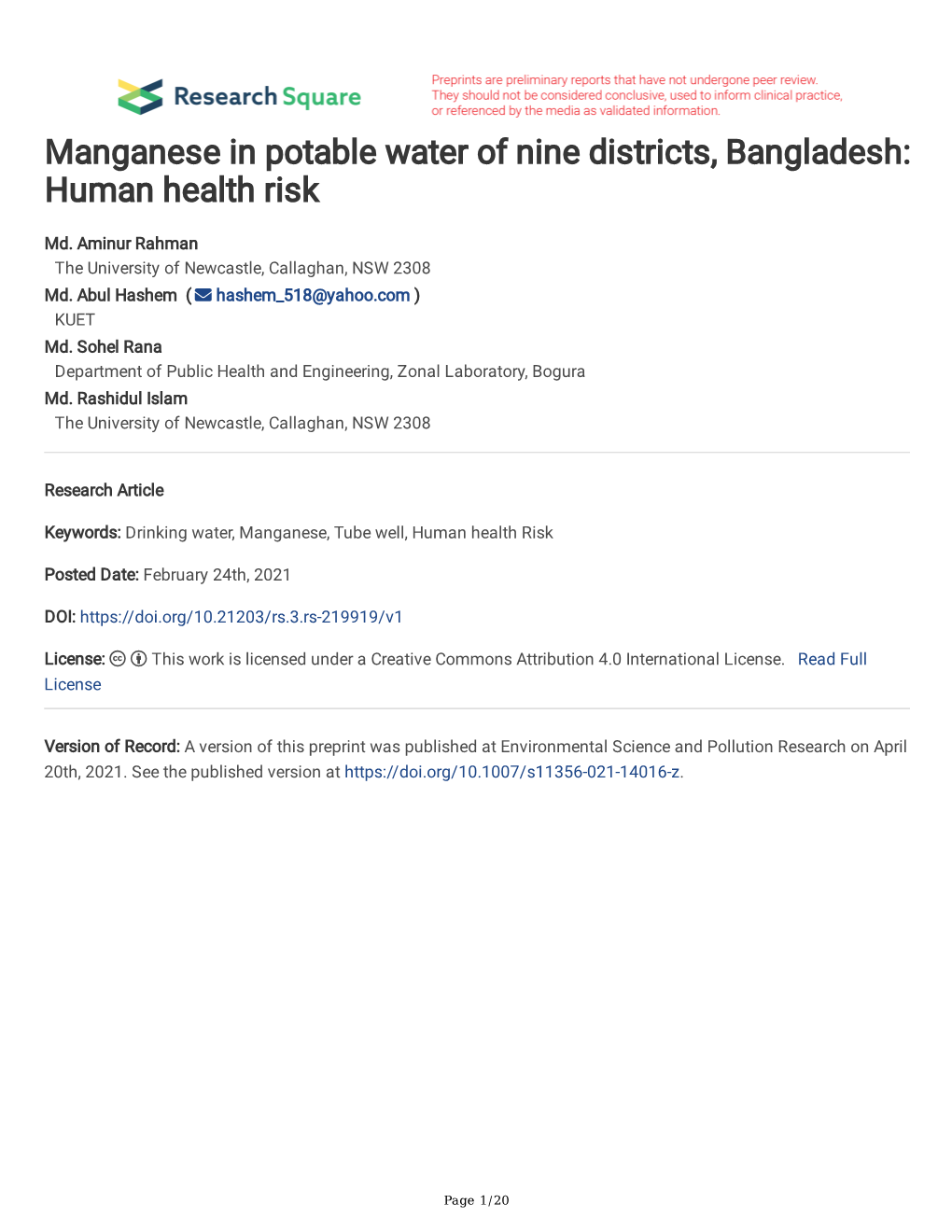 Manganese in Potable Water of Nine Districts, Bangladesh: Human Health Risk