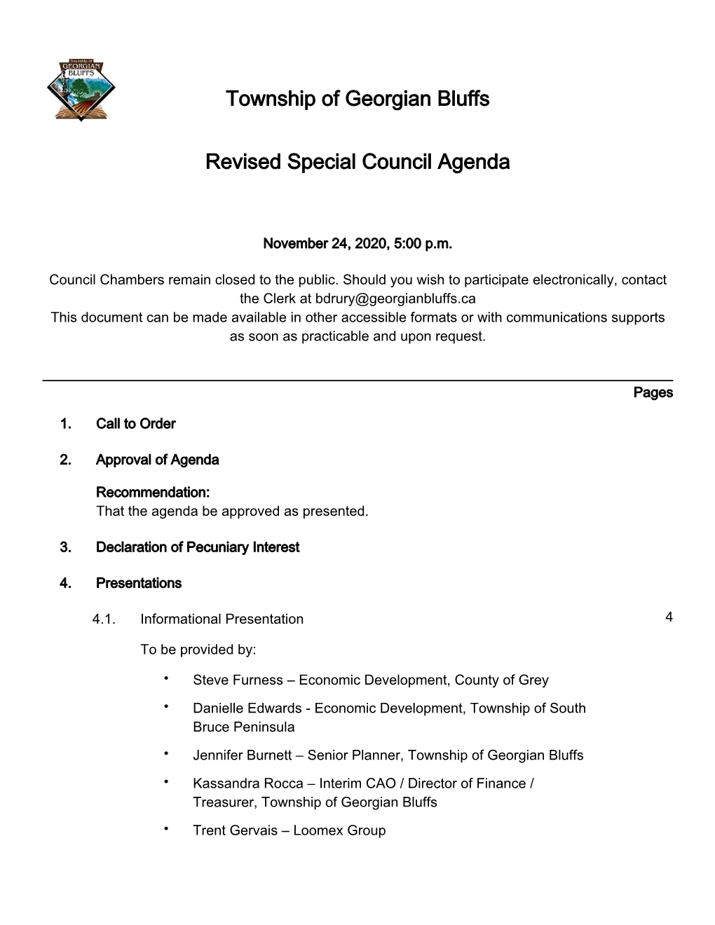 Township of Georgian Bluffs Revised Special Council Agenda