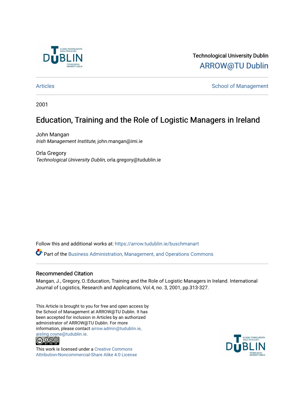 Education, Training and the Role of Logistic Managers in Ireland