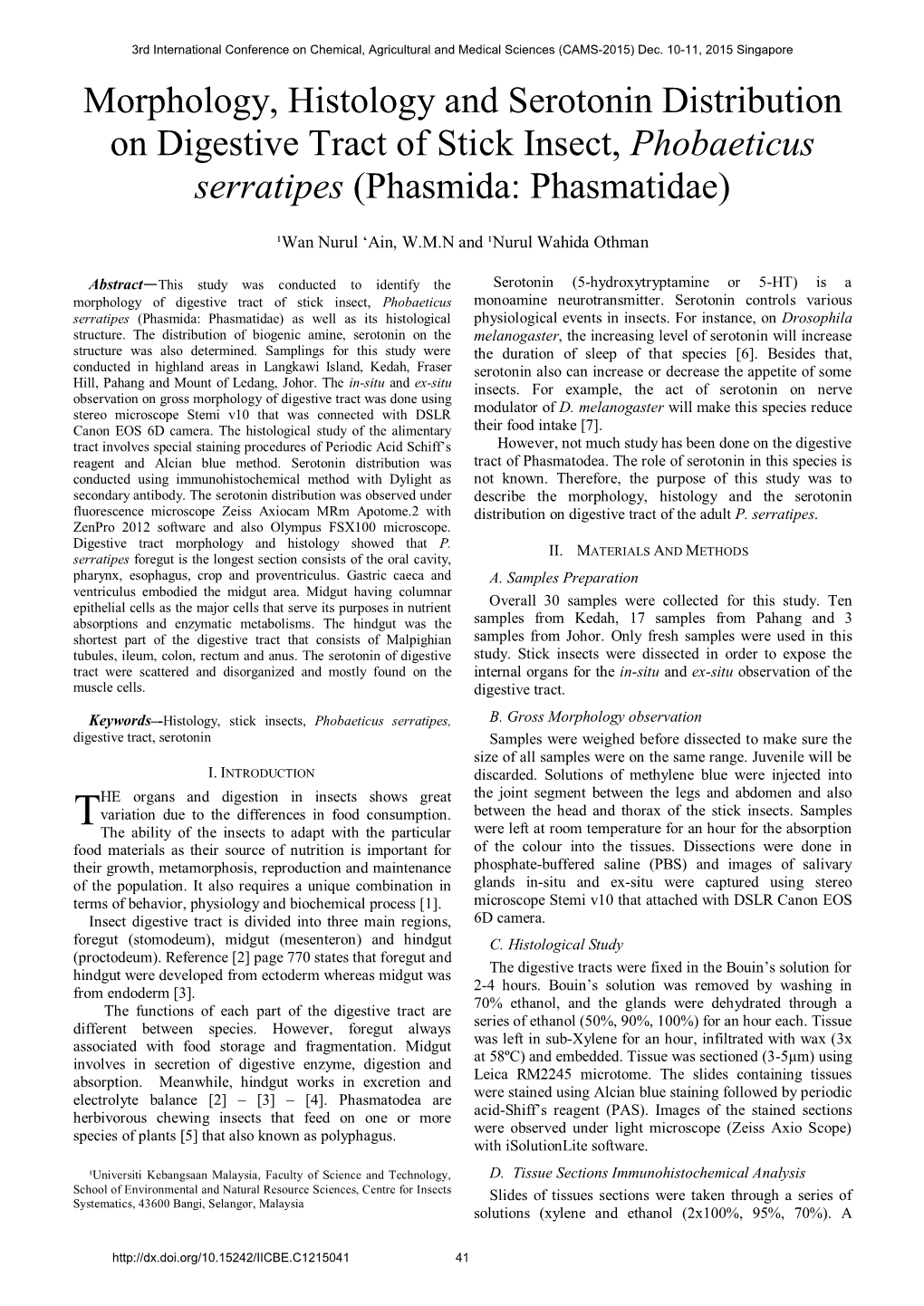 Morphology, Histology and Serotonin Distribution on Digestive Tract of Stick Insect, Phobaeticus Serratipes (Phasmida: Phasmatidae)