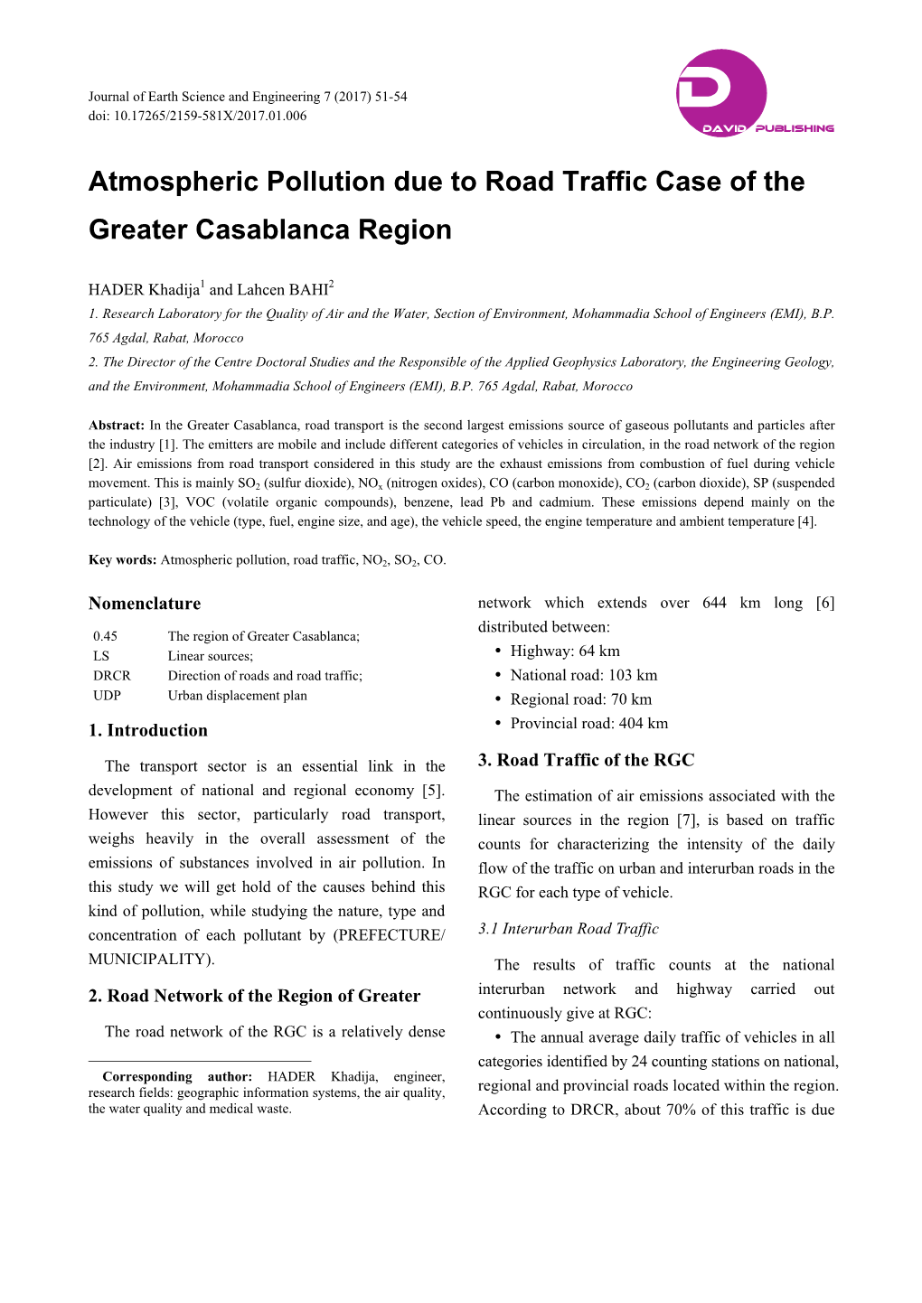 Atmospheric Pollution Due to Road Traffic Case of the Greater Casablanca Region
