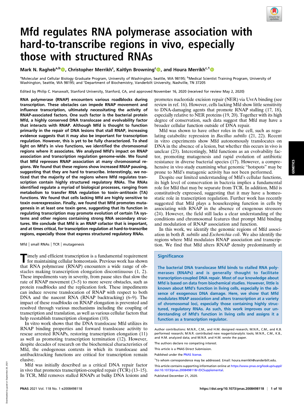 Mfd Regulates RNA Polymerase Association with Hard-To-Transcribe Regions in Vivo, Especially Those with Structured Rnas