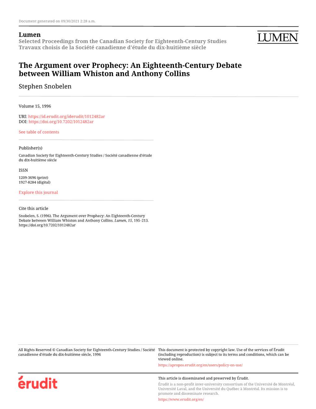 The Argument Over Prophecy: an Eighteenth-Century Debate Between William Whiston and Anthony Collins Stephen Snobelen
