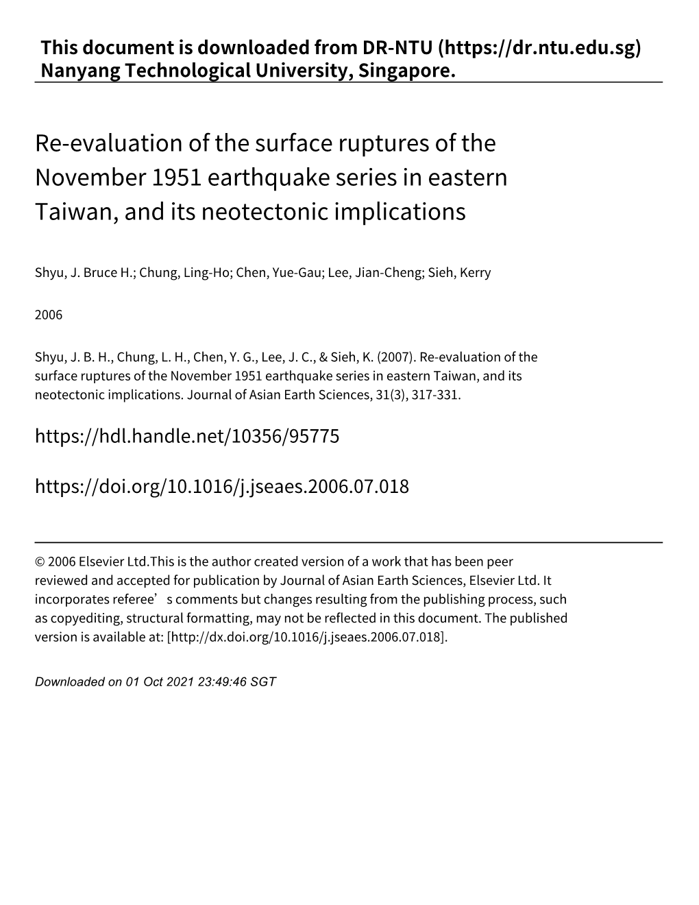 Re‑Evaluation of the Surface Ruptures of the November 1951 Earthquake Series in Eastern Taiwan, and Its Neotectonic Implications