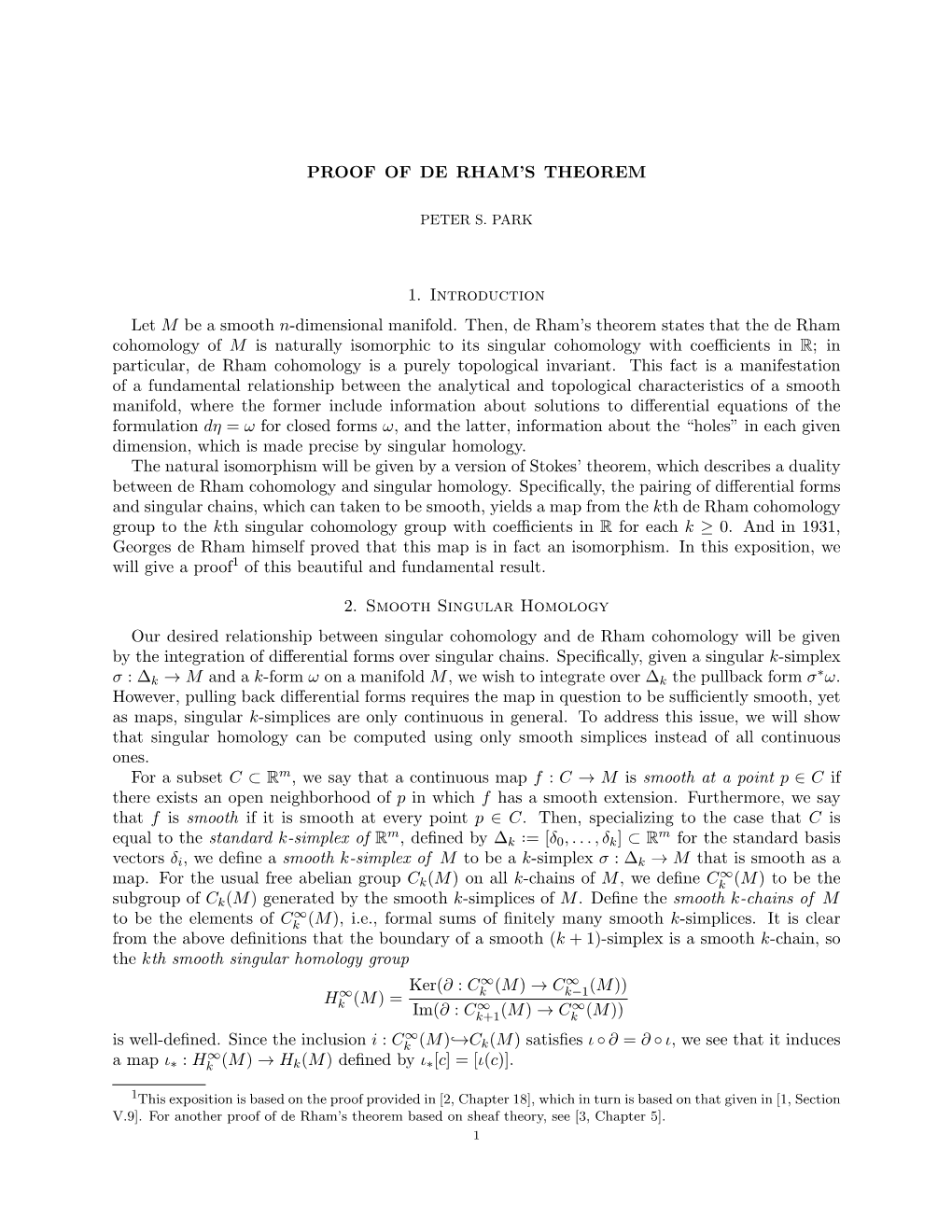 PROOF of DE RHAM's THEOREM 1. Introduction Let M Be a Smooth N