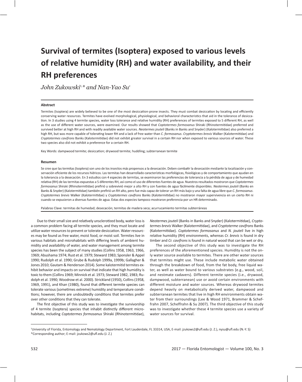 Survival of Termites (Isoptera) Exposed to Various Levels of Relative Humidity (RH) and Water Availability, and Their RH Preferences