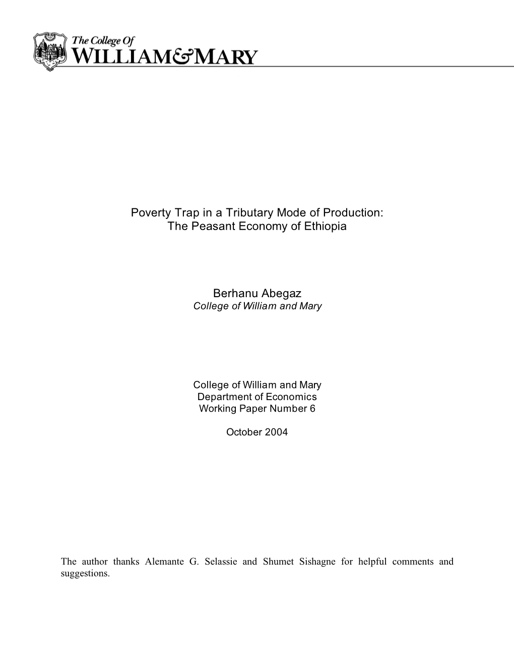 Poverty Trap in a Tributary Mode of Production: the Peasant Economy of Ethiopia
