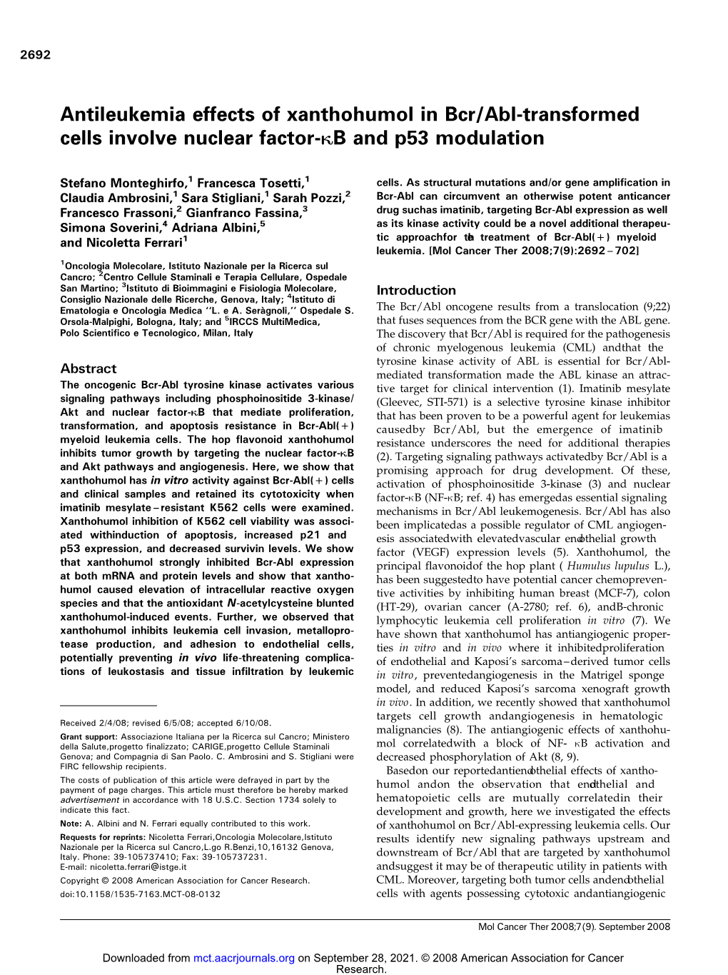 Antileukemia Effects of Xanthohumol in Bcr/Abl-Transformed Cells Involve Nuclear Factor-KB and P53 Modulation