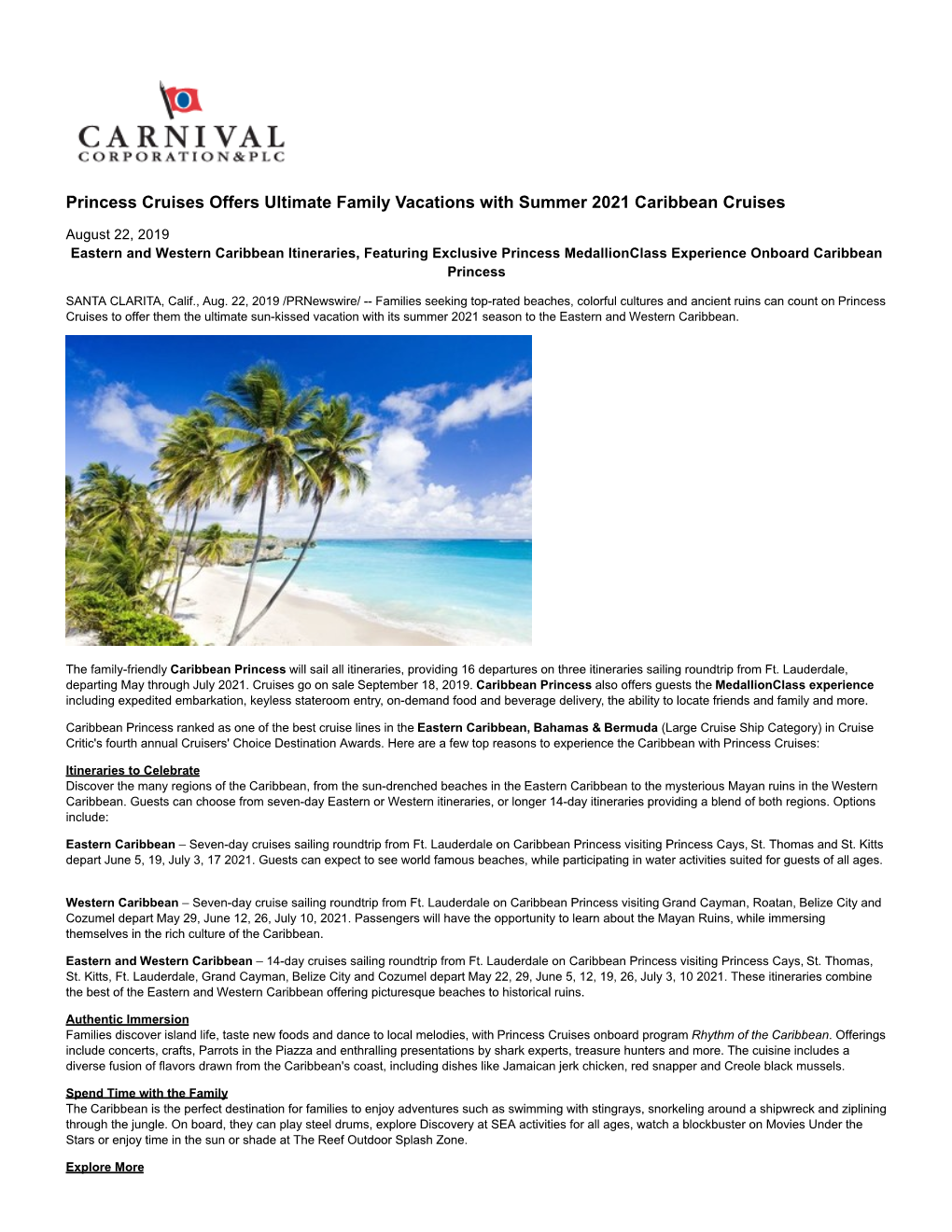 Princess Cruises Offers Ultimate Family Vacations with Summer 2021 Caribbean Cruises