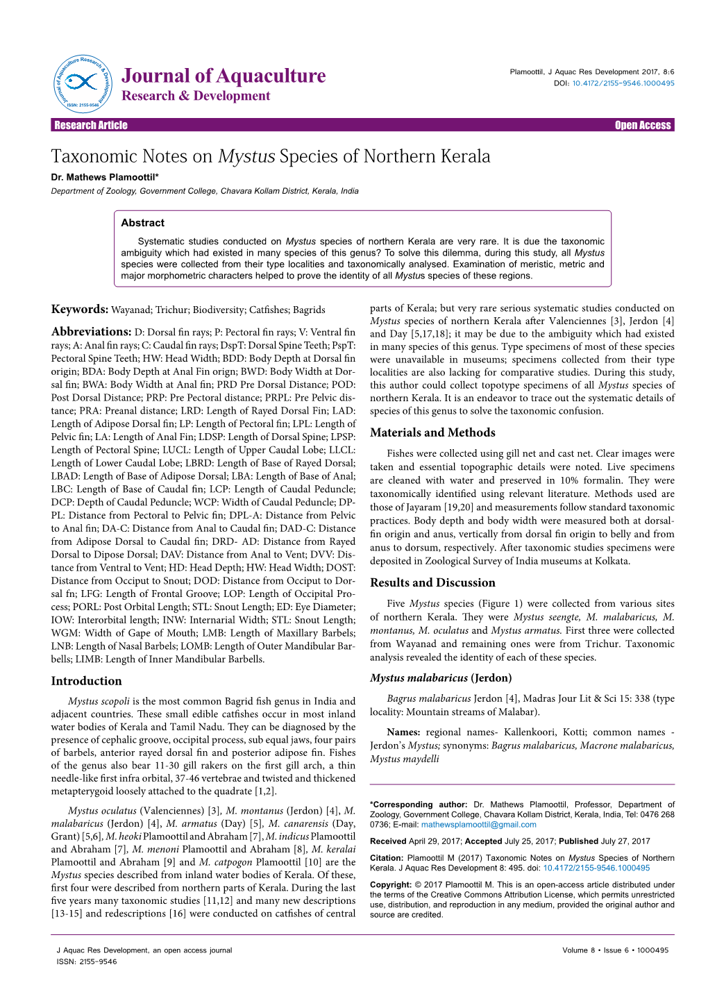 Taxonomic Notes on Mystus Species of Northern Kerala Dr