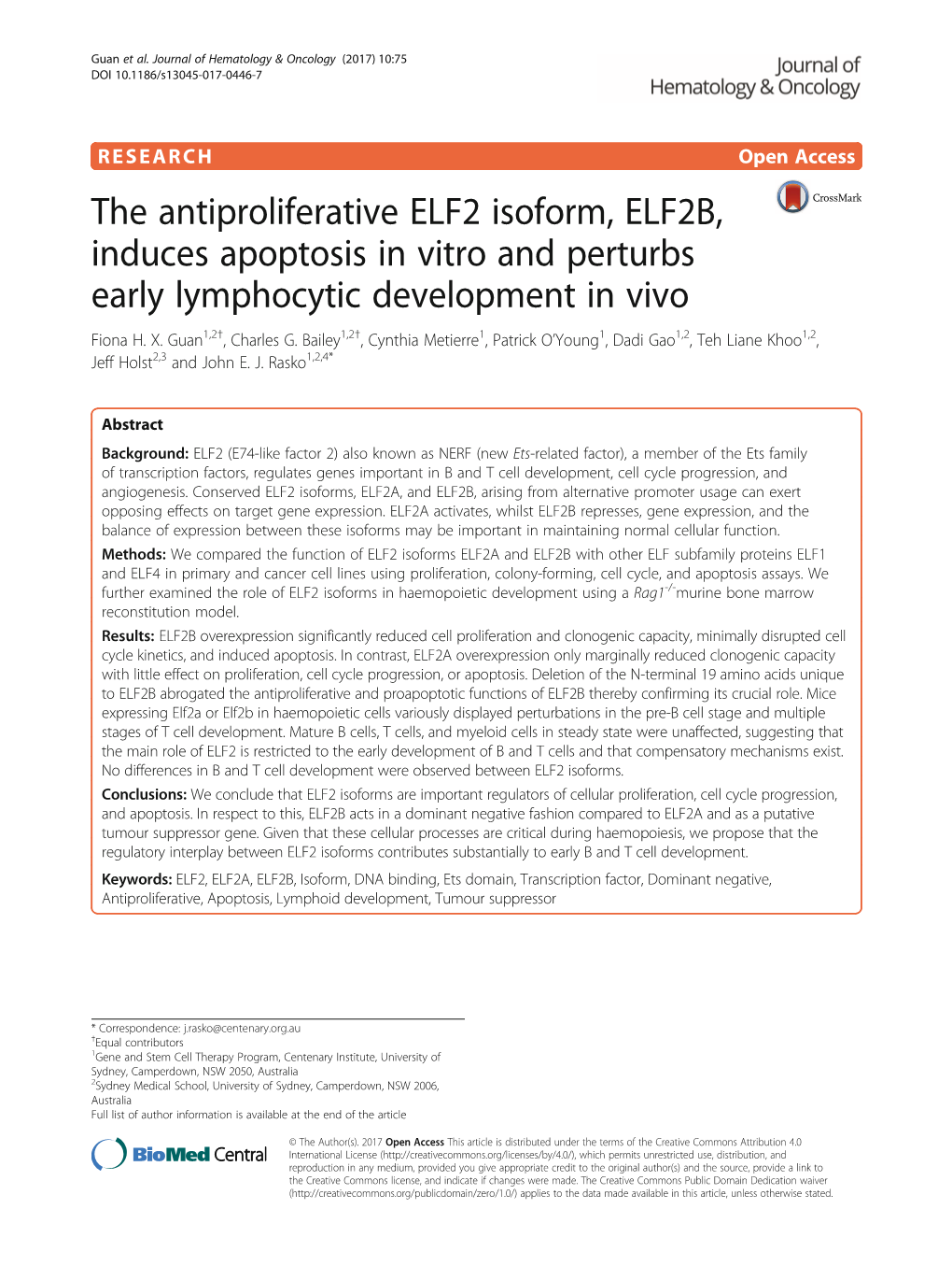 The Antiproliferative ELF2 Isoform, ELF2B, Induces Apoptosis in Vitro and Perturbs Early Lymphocytic Development in Vivo Fiona H