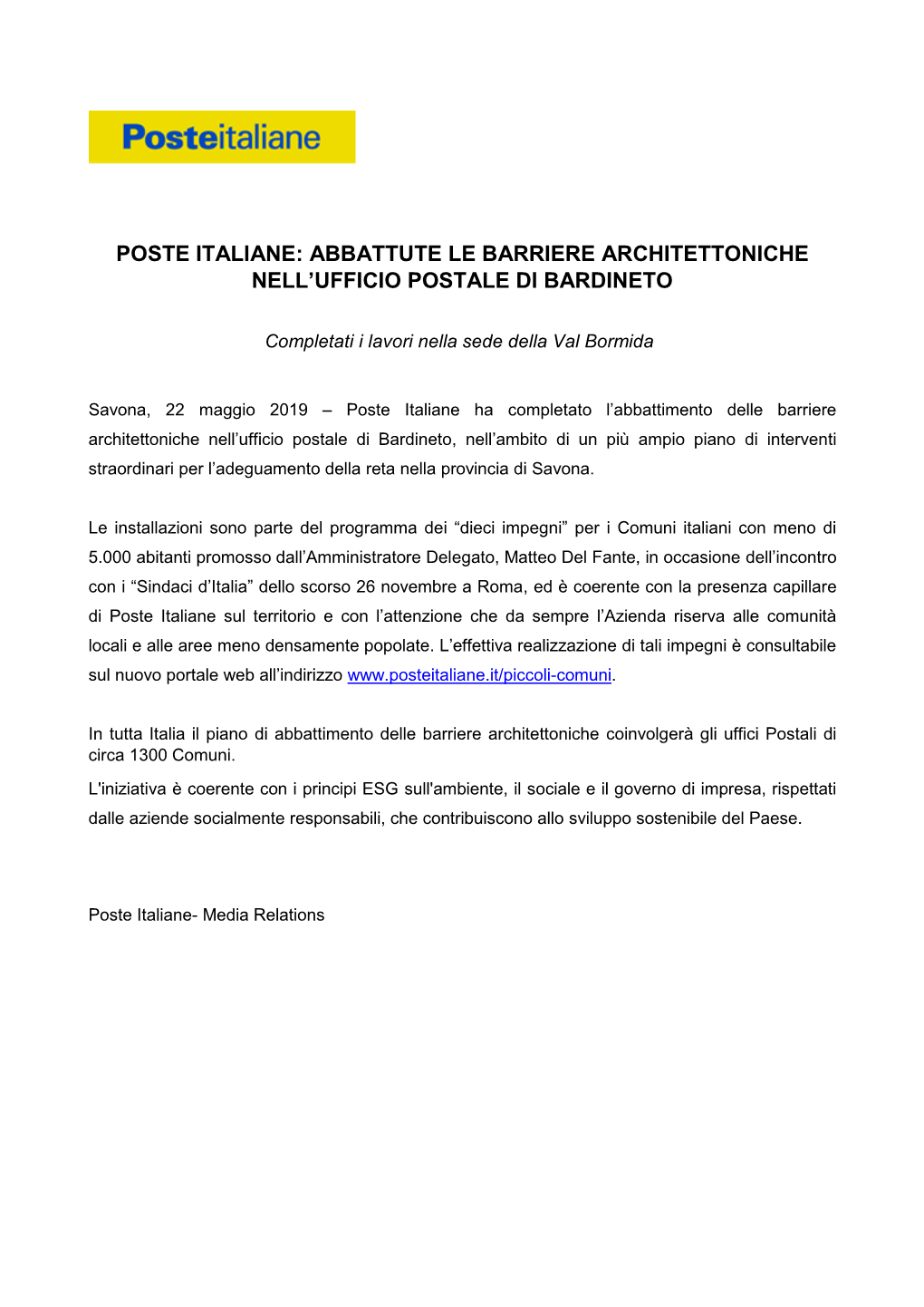 Abbattute Le Barriere Architettoniche Nell’Ufficio Postale Di Bardineto