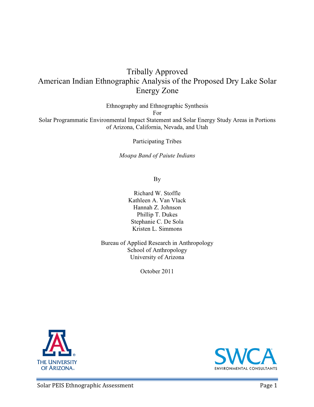 Tribally Approved American Indian Ethnographic Analysis of the Proposed Dry Lake Solar Energy Zone