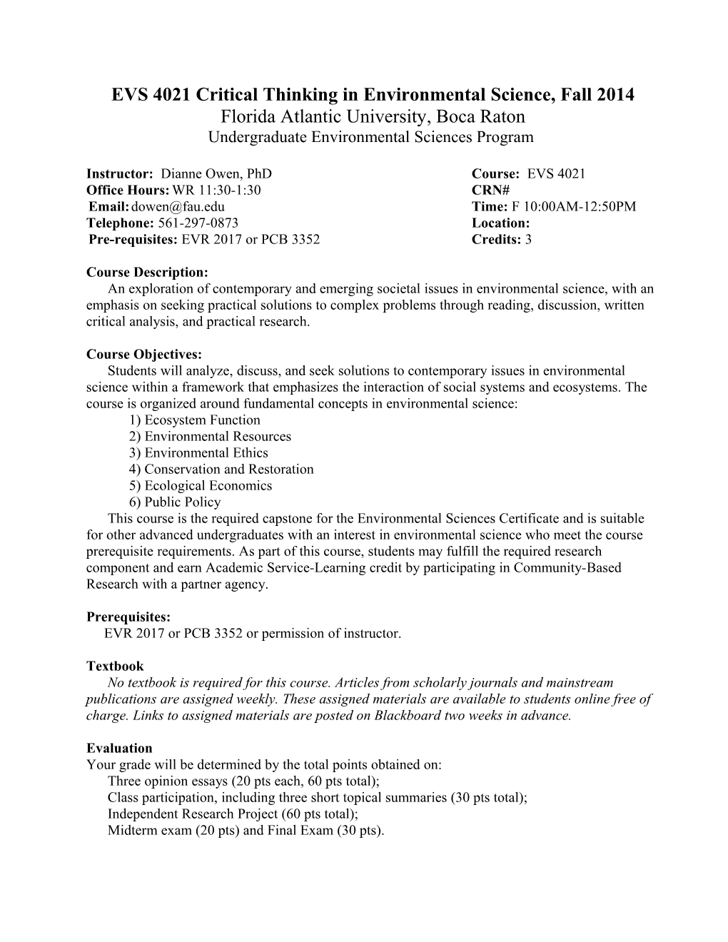 EVS 4021 Critical Thinking in Environmental Science, Fall 2014