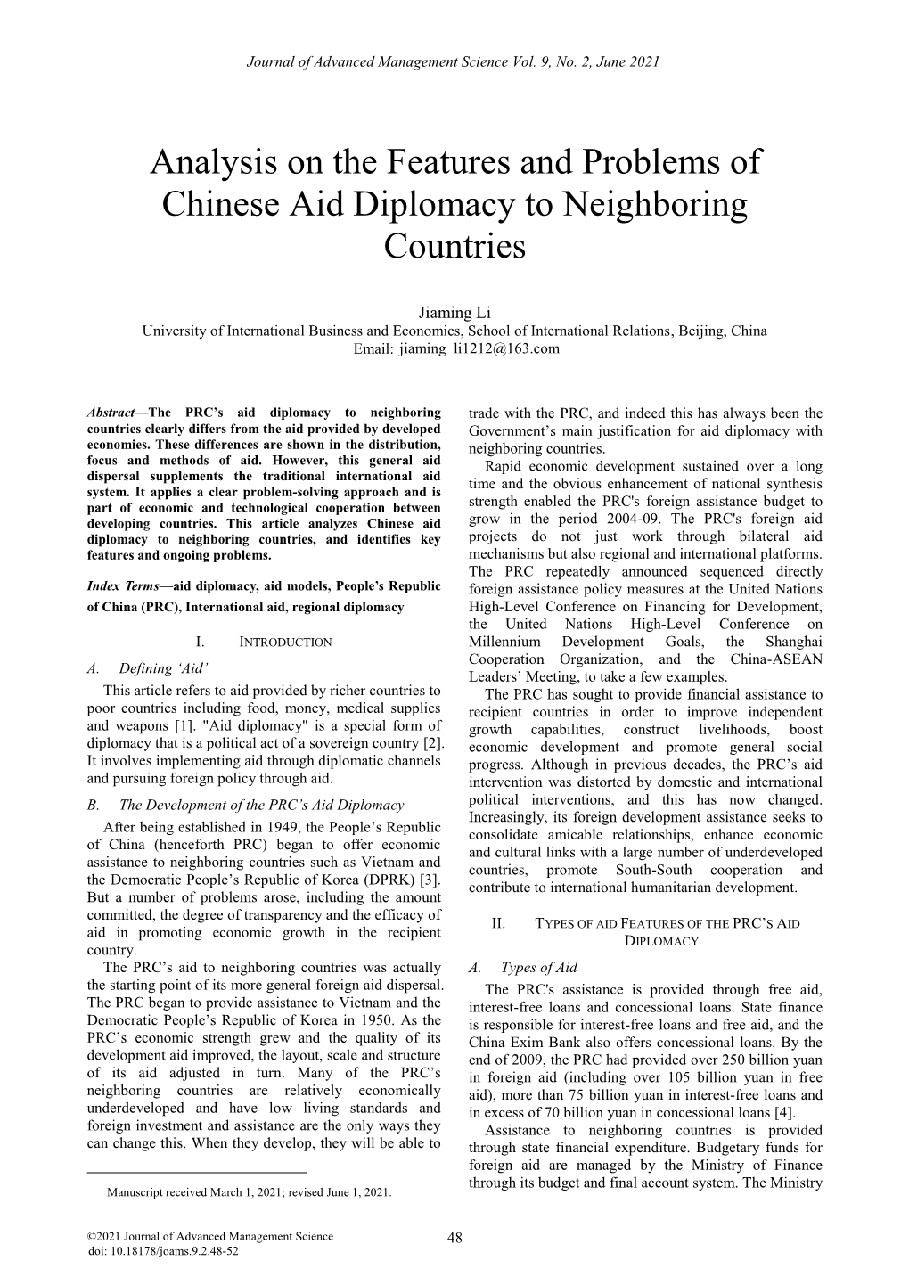 Analysis on the Features and Problems of Chinese Aid Diplomacy to Neighboring Countries