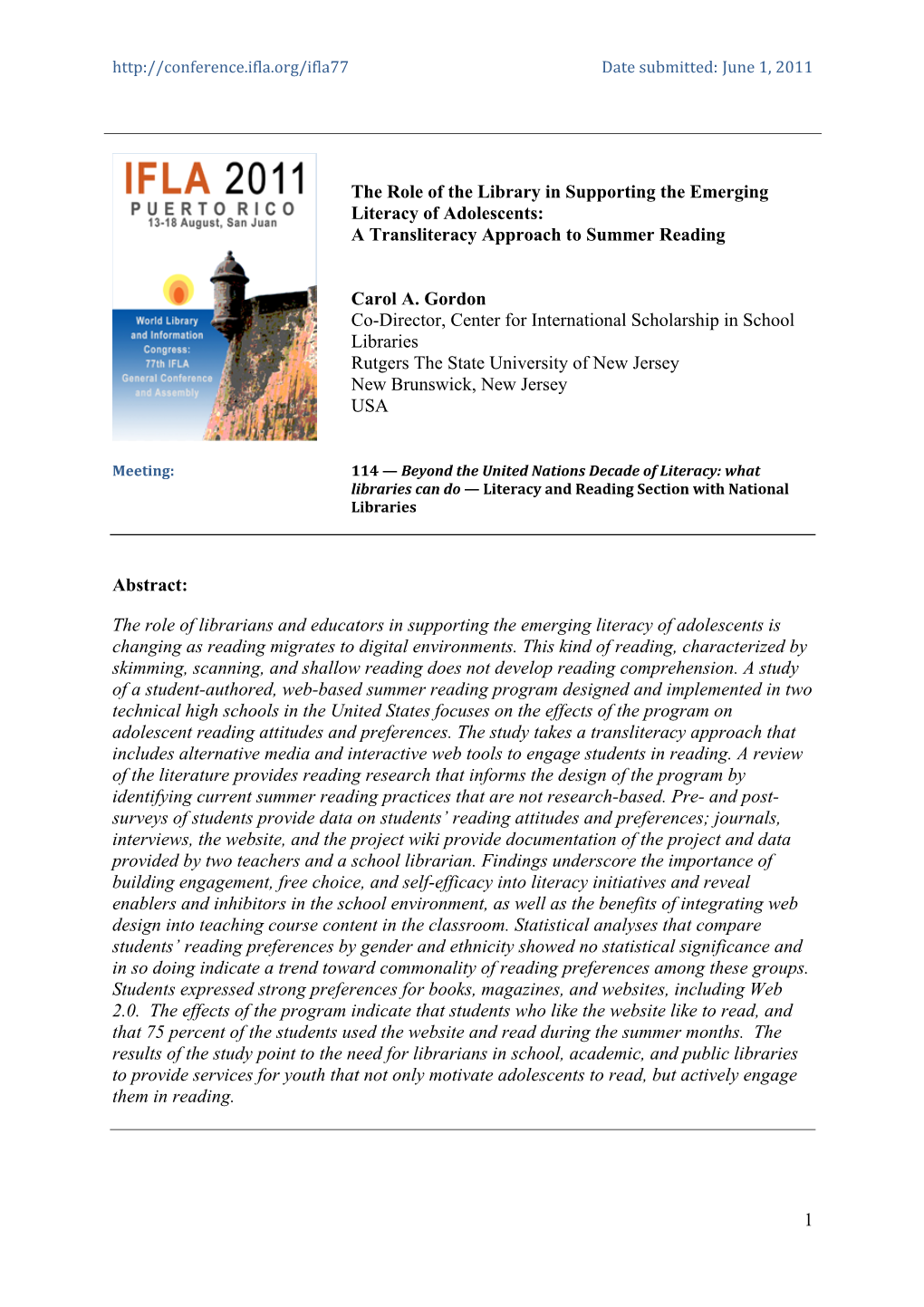 The Role of the Library in Supporting the Emerging Literacy of Adolescents: a Transliteracy Approach to Summer Reading