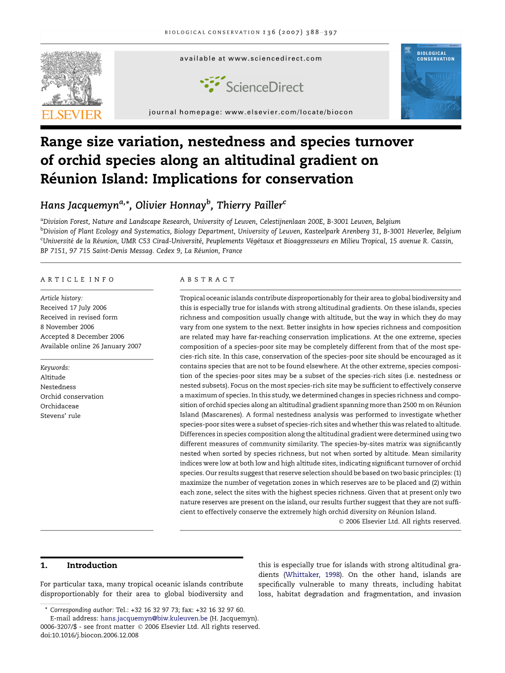 Range Size Variation, Nestedness and Species Turnover of Orchid Species Along an Altitudinal Gradient on Re´Union Island: Implications for Conservation