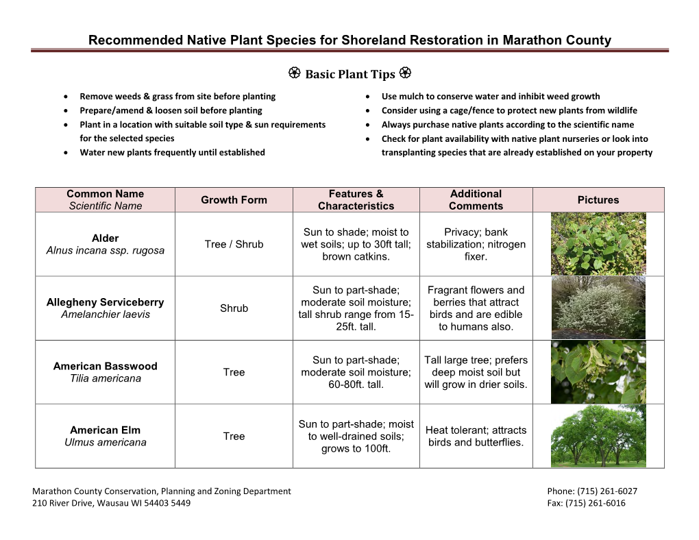 Recommended Native Plant Species for Shoreland Restoration in Marathon County