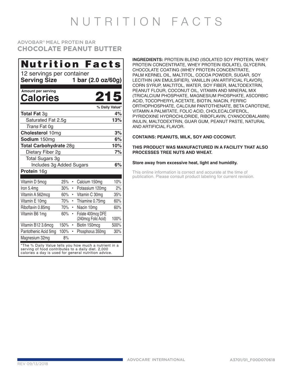 Advobar® Meal Protein Bar Chocolate Peanut Butter Nutrition Facts