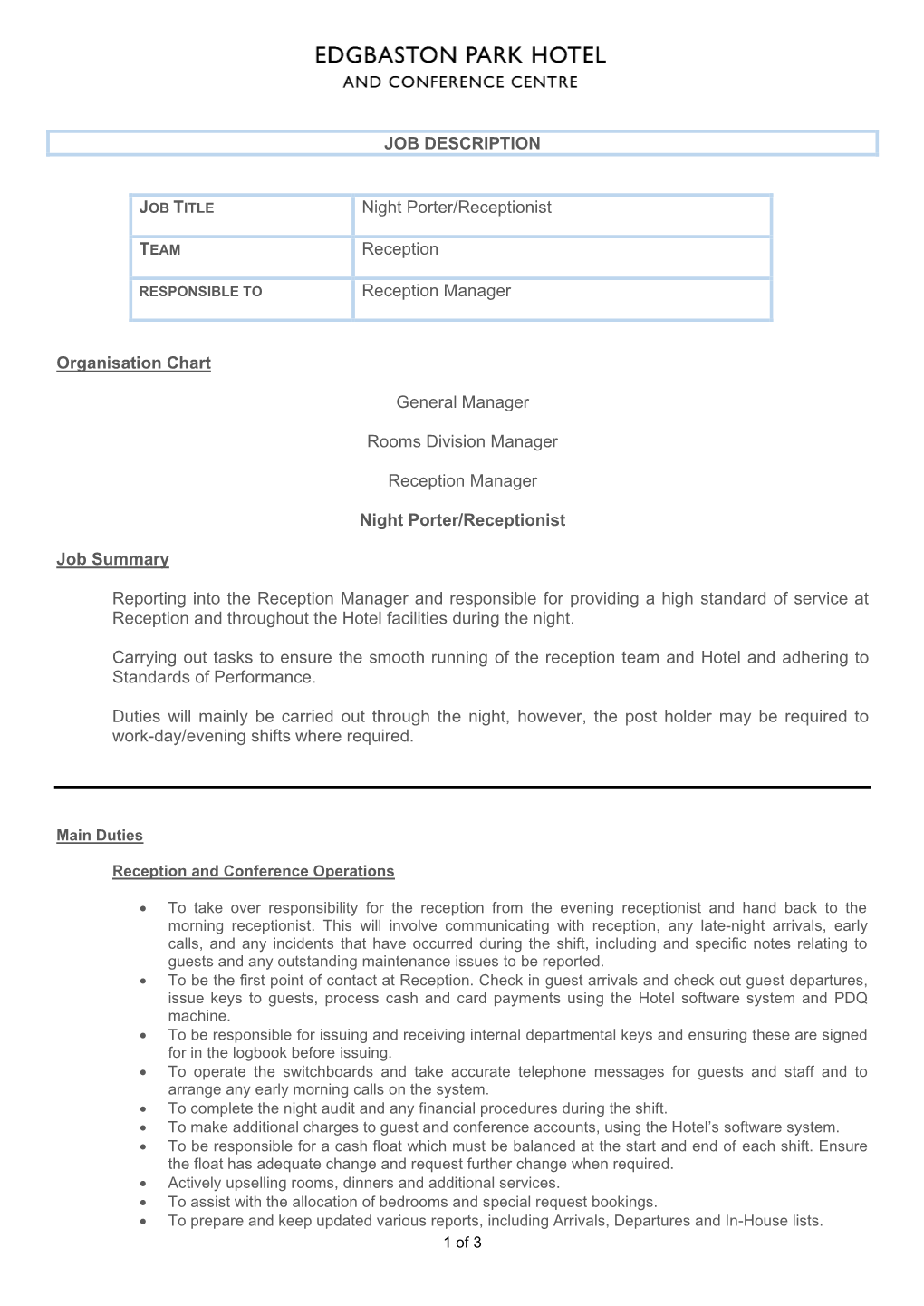 JOB DESCRIPTION Organisation Chart General Manager Rooms