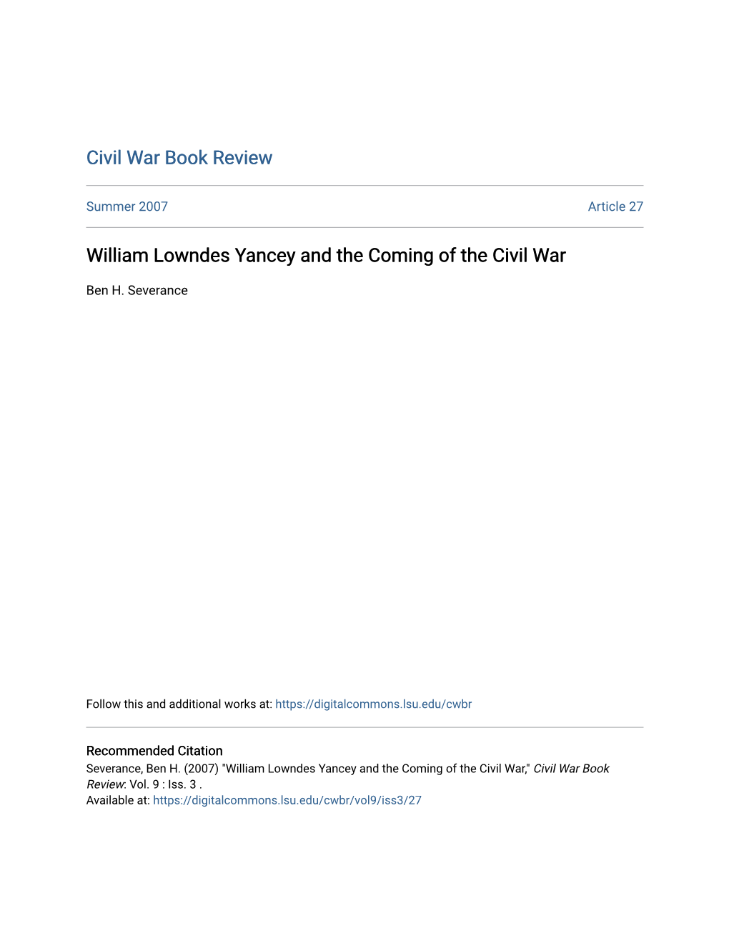 William Lowndes Yancey and the Coming of the Civil War