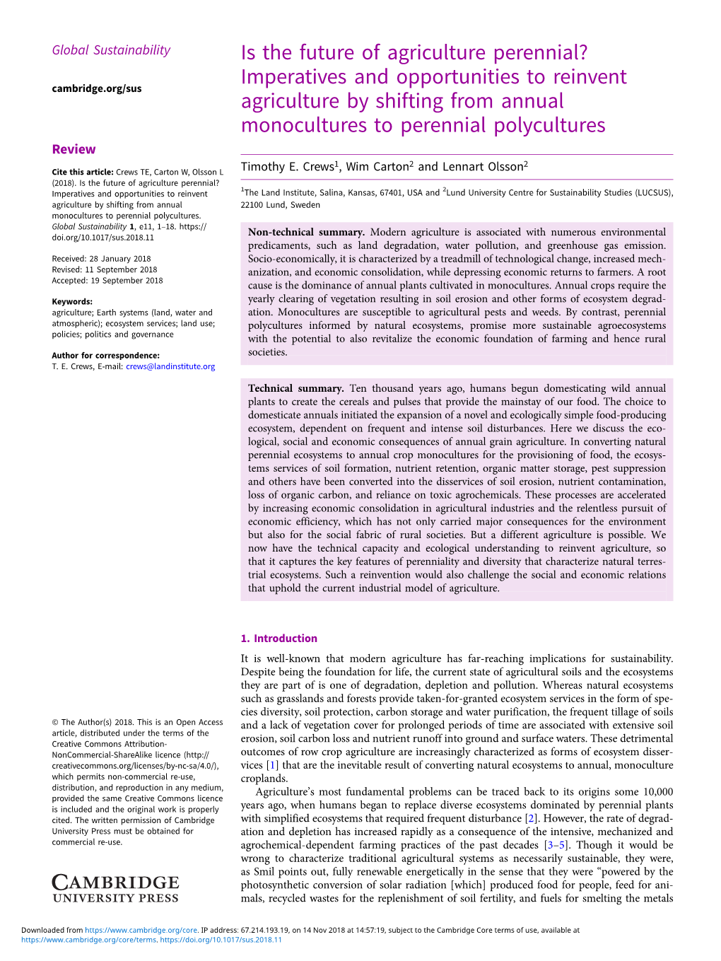 Is the Future of Agriculture Perennial?