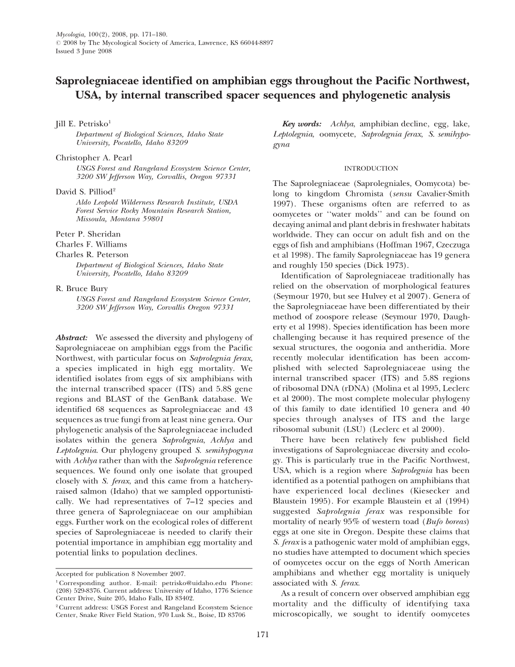 Saprolegniaceae Identified on Amphibian Eggs Throughout the Pacific Northwest, USA, by Internal Transcribed Spacer Sequences and Phylogenetic Analysis