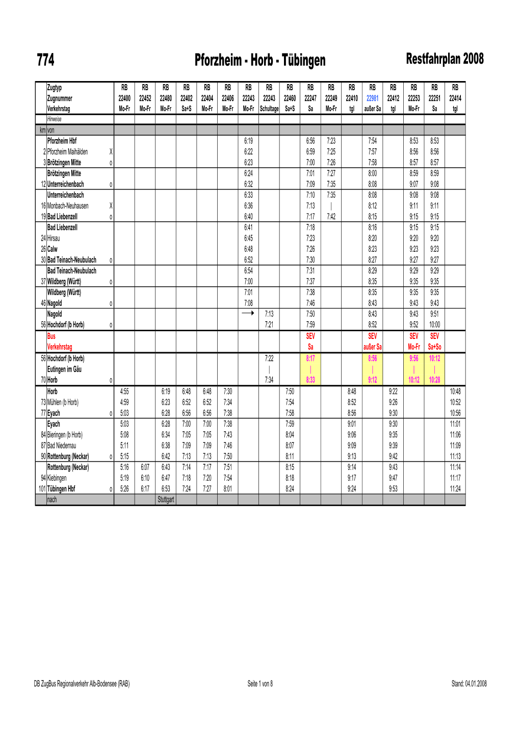 774 Pforzheim - Horb - Tübingen Restfahrplan 2008