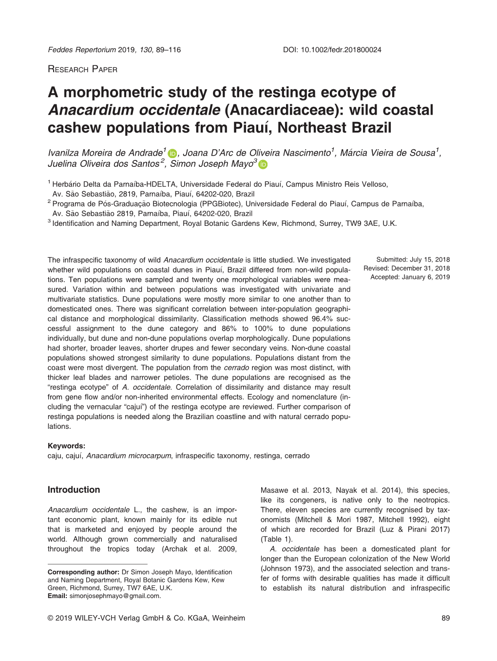A Morphometric Study of the Restinga Ecotype of Anacardium Occidentale (Anacardiaceae): Wild Coastal Cashew Populations from Piau�I, Northeast Brazil