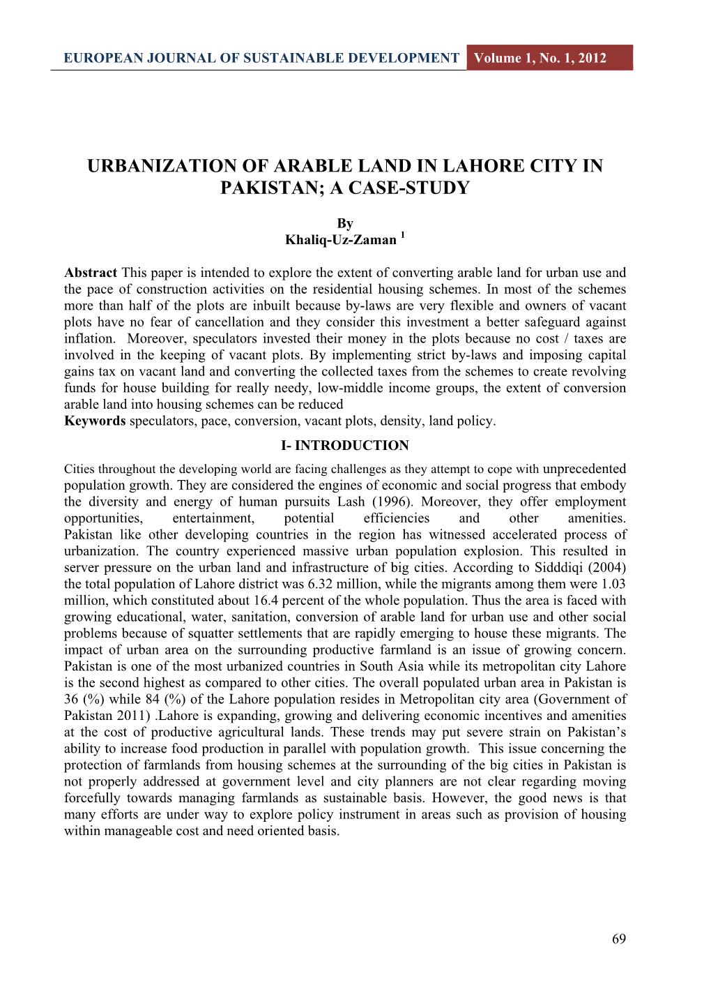 Urbanization of Arable Land in Lahore City in Pakistan; a Case-Study