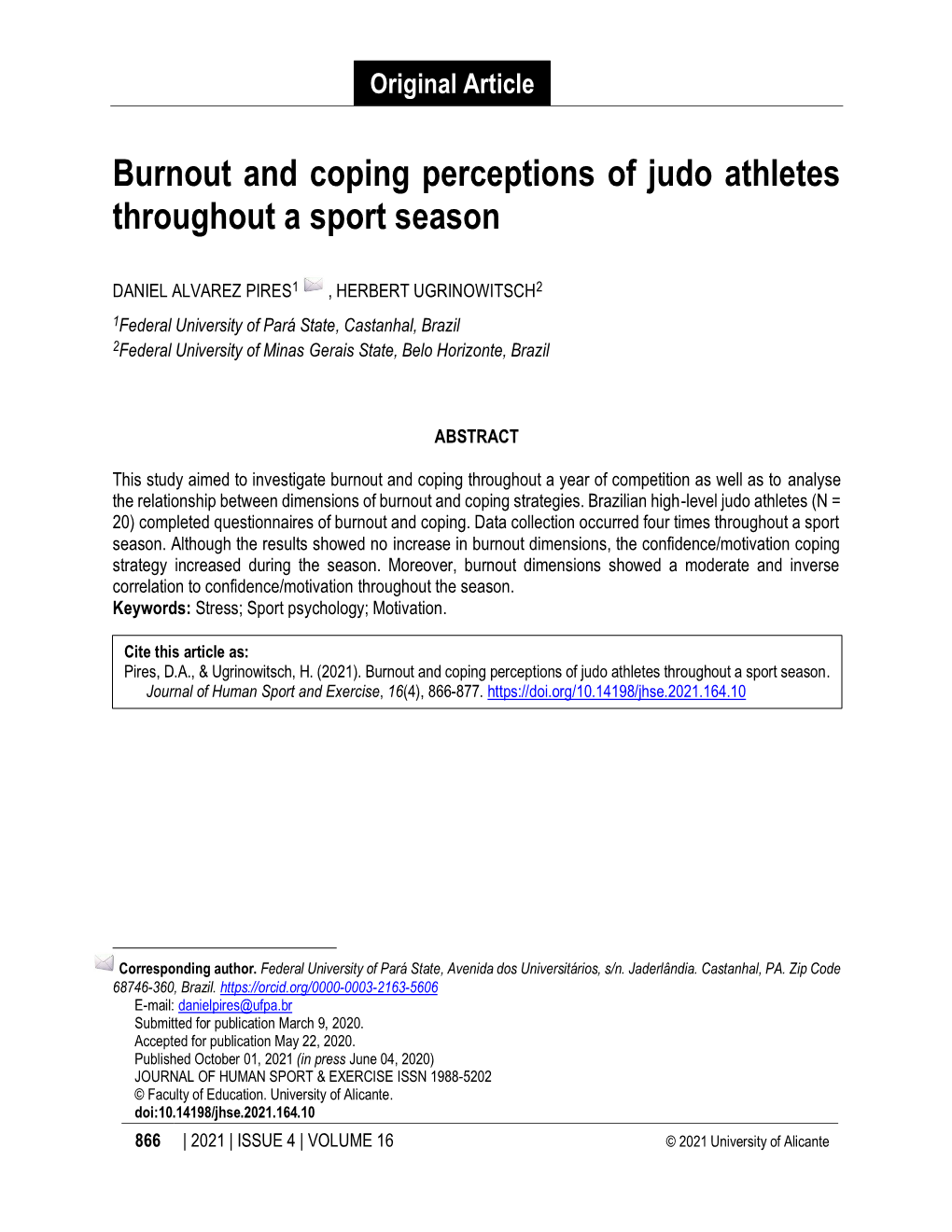 Burnout and Coping Perceptions of Judo Athletes Throughout a Sport Season