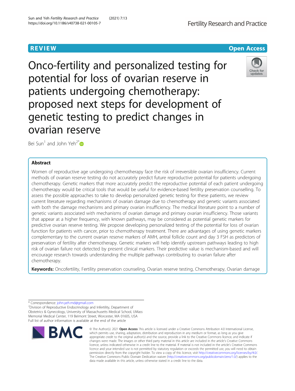 Onco-Fertility and Personalized Testing for Potential for Loss of Ovarian