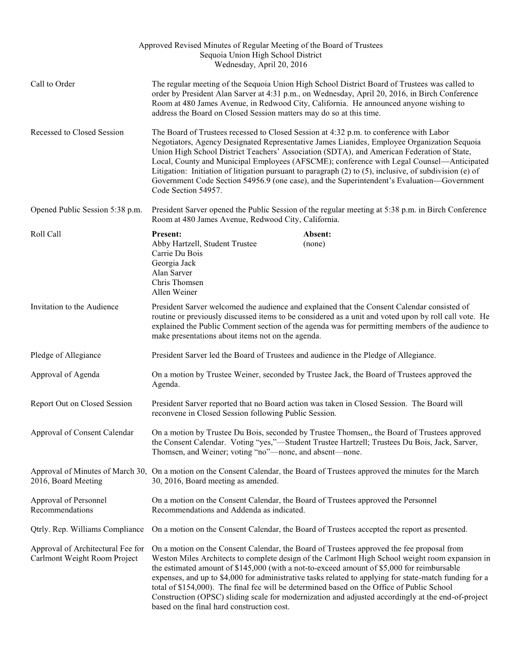 Unapproved Minutes of Regular Meeting of the Board of Trustees