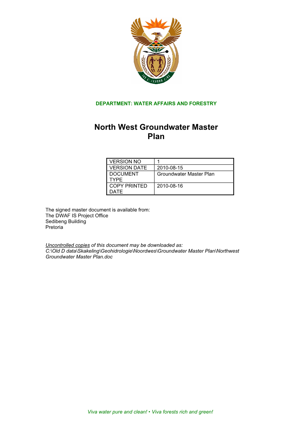 North West Groundwater Master Plan