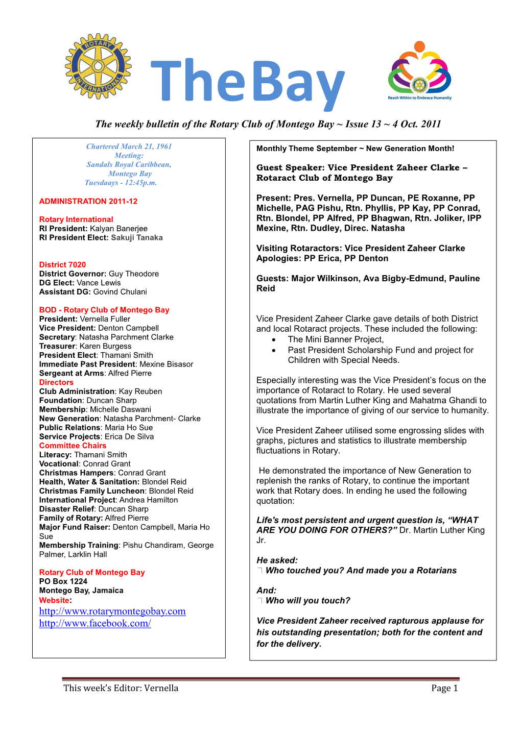 The Weekly Bulletin of the Rotary Club of Montego Bay ~ Issue 13 ~ 4 Oct. 2011