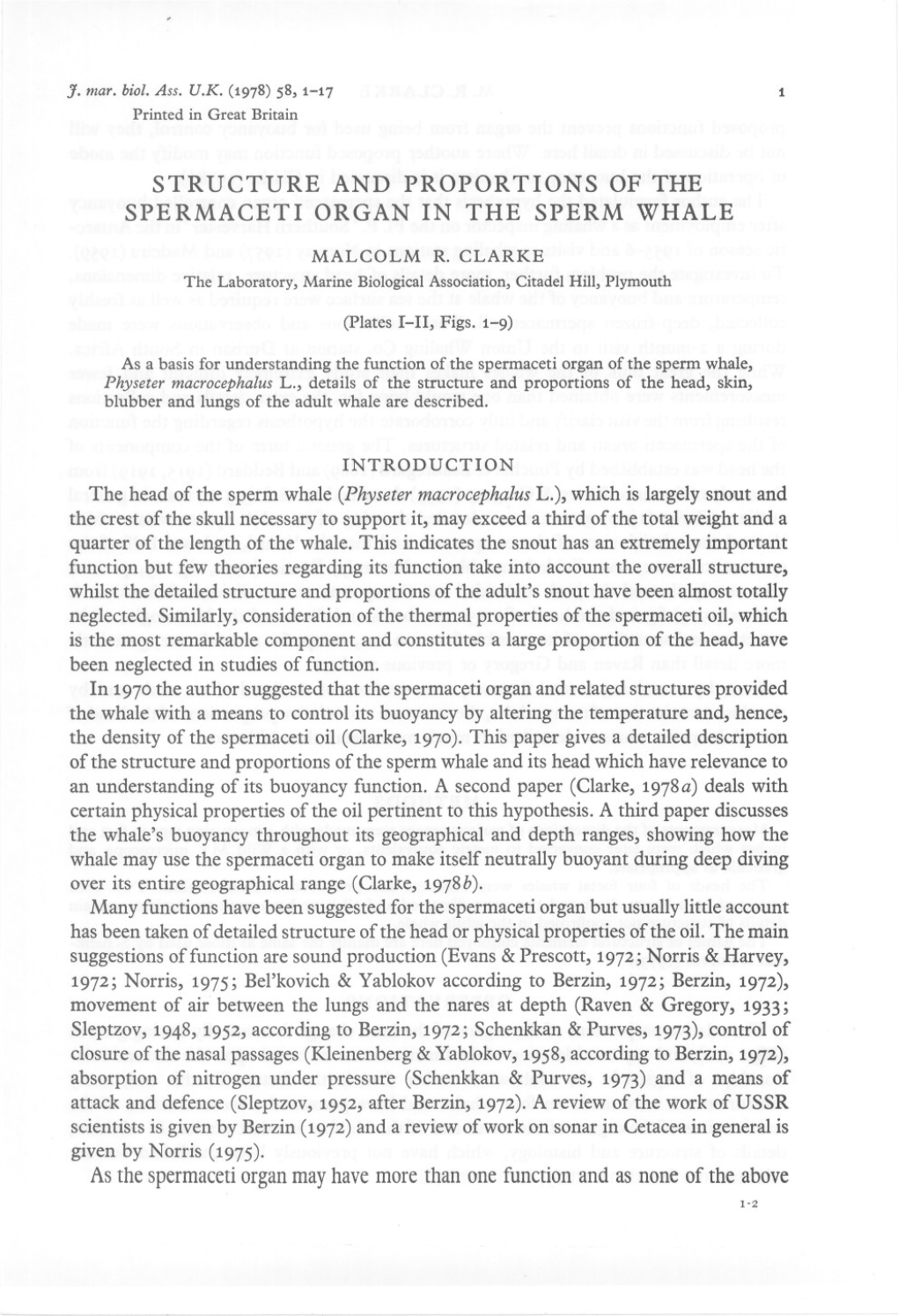 Structure and Proportions of the Spermaceti Organ in the Sperm \Vhale Malcolm R.Clarke Introduction