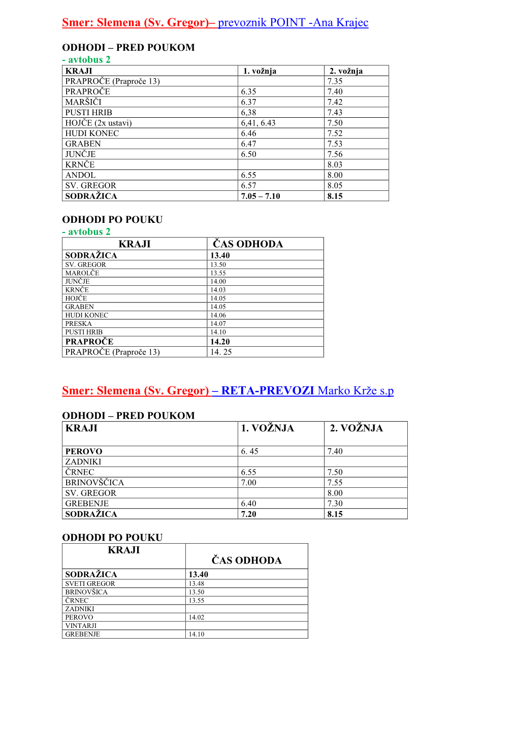 Smer: Slemena (Sv. Gregor)– Prevoznik POINT -Ana Krajec