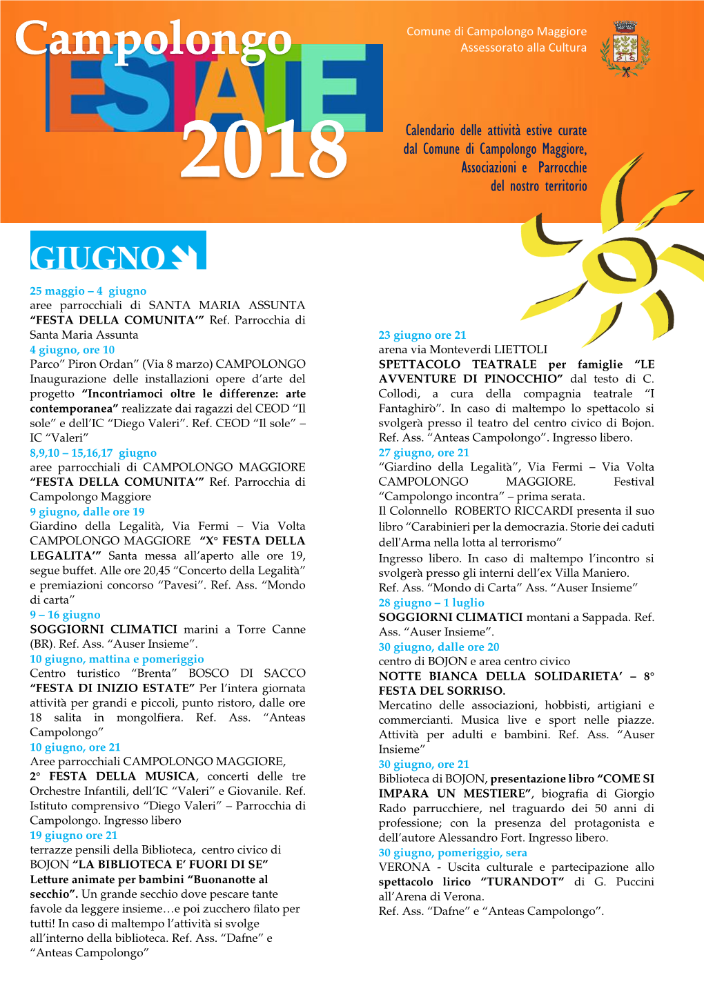 Calendario Delle Attività Estive Curate Dal Comune Di Campolongo Maggiore, Associazioni E Parrocchie Del Nostro Territorio